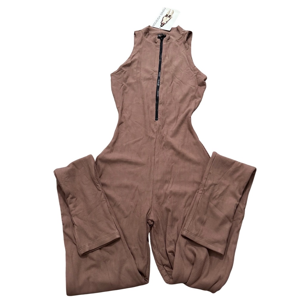 Naked Wardrobe Womens Ribbed Zip Front Sleeveless Jumpsuit Cocoa Small NWT